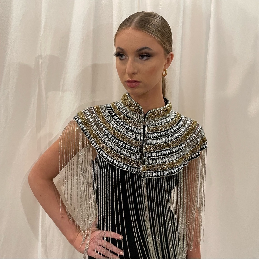 Silver and Gold Hand Beaded and Stoned Fringe Cape - Picture 4 of 6